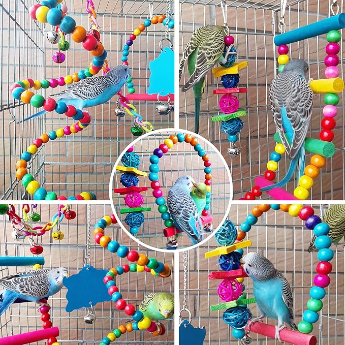 Bird Parakeet Cockatiel Toys, ESRISE Parrots Cage Hammock Swing Climbing Ladders Wooden Perch Chewing Toy for Budgerigar, Conures, Love Birds, Budgies-Mewly Pet