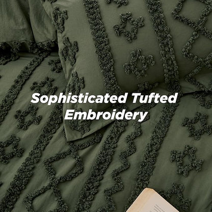 Bedsure Tufted Boho Comforter Set Twin Size - Olive Green Boho Bed Set, GentleSoft™ 2 Pieces Farmhouse Shabby Chic Embroidery Bedding, Gifts for Woman, Soft Jacquard Twin Comforter for All Seasons
