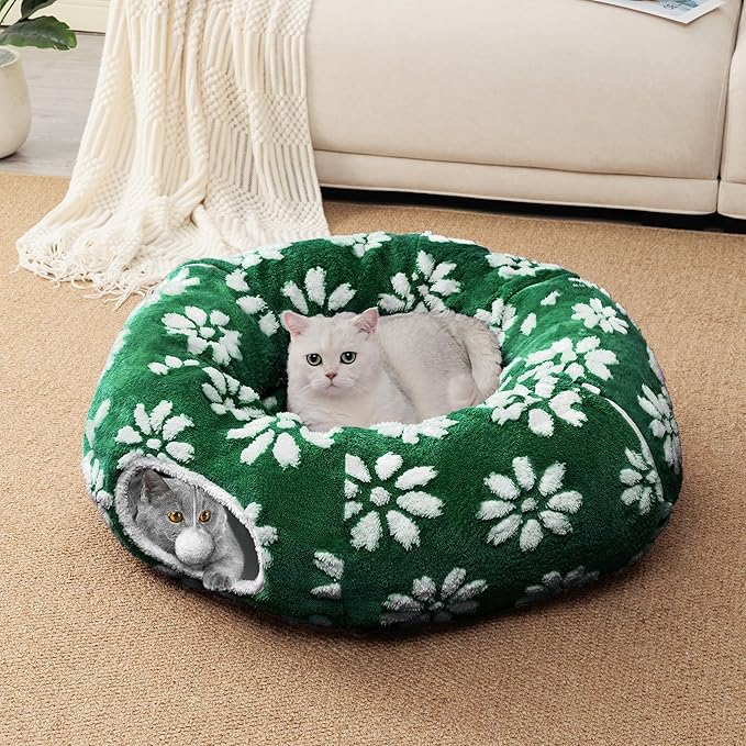 Cat Tunnel for Indoor Cats, Cute Peekaboo Cat Cave with Dangling Balls, Pet Donut Tunnel Bed with Circle Mat for Puppy Kitten Rabbit, Green Flower-Mewly Pet