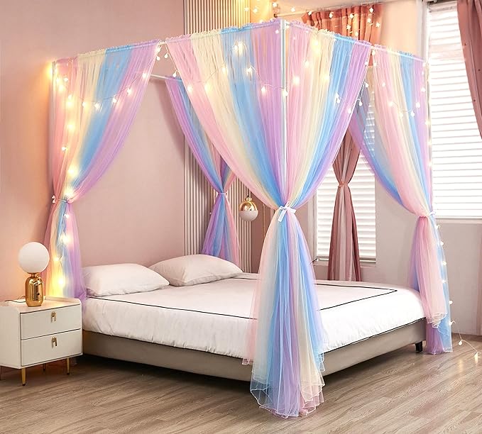 Akiky Canopy Bed Curtains with Lights 4 Corner Post Bed Canopy for Adults Girls, Rainbow Bed Drapes Netting-8 Panel Curtains,Full/Queen