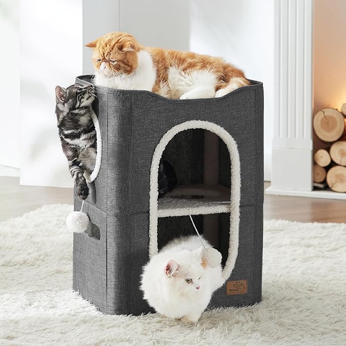 Bedsure 2 Story Cat House - Cat Condos for Indoor Cats with Scratch Pad and Fluffy Ball Hanging, Small Pet Cave Furniture Hideaway for Multi Pets, 18x14x23 inches, Dark Grey-Mewly Pet
