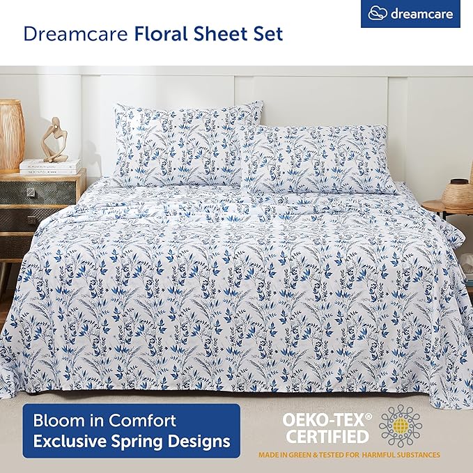 DREAMCARE King Size Floral Sheets - 4pc King Bed Set - Cooling & Soft Long Lasting - Floral Blue