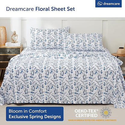 DREAMCARE King Size Floral Sheets - 4pc King Bed Set - Cooling & Soft Long Lasting - Floral Blue