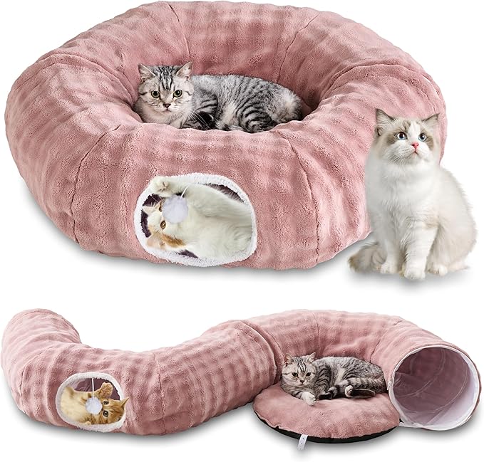Bubble Cat Tunnel for Indoor Cats, Round Peekaboo Cave Toy with Dangling Balls, Donut Tunnel Bed with Circle Mat for Puppy Kitten Rabbit, Dusty Pink-Mewly Pet