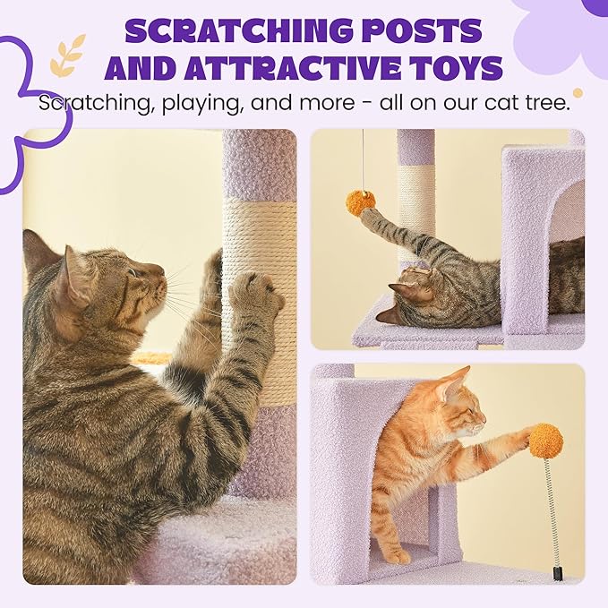 MWPO Flower Large Cat Tree, 70.1-Inch Multi-Level Tall Cat Tower for Indoor Cats, Plush Cat Condo with Big Padded Perches, Sisal-Covered Scratching Posts, Hammock, Toys for Kittens & Cats-Mewly Pet