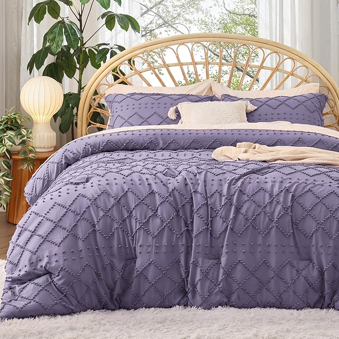 Bedsure Full Comforter Set - Grayish Purple Comforter, Boho Tufted Shabby Chic Bedding for Kids, 3 Pieces Vintage Farmhouse Bed Set for All Seasons, Fluffy Soft Bedding with 2 Pillow Shams