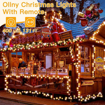 Ollny Warm White and Cool White Christmas Lights Waterproof, 400LED 131FT String Lights with Remote 3 Timer, Plug in 8 Modes Fairy Light for Xmas Tree Indoor Bedroom House Decorations