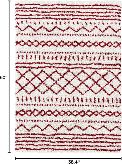 SAFAVIEH Arizona Shag Collection Accent Rug - 3'2" x 5', Ivory & Red, Moroccan Design, Non-Shedding & Easy Care, 1.6-inch Thick Ideal for High Traffic Areas in Entryway, Living Room, Bedroom (ASG741P)