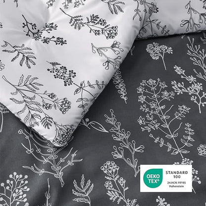 Bedsure Twin/Twin XL Comforter Set - Dark Grey Bed Set, 2 Pieces Cute Floral Bedding, 1 Soft Reversible Botanical Flowers Comforter and 1 Pillow Sham