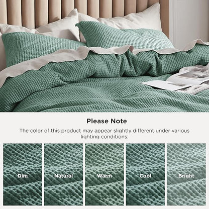 Bedsure Cotton Duvet Cover King - 100% Cotton Waffle Weave Green Duvet Cover King Size, GentleSoft™ and Breathable Bedding for All Season, 3 Pieces, 104"x90"