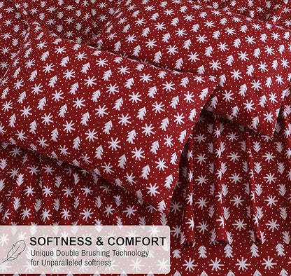 RUVANTI Flannel Sheets Twin Size - 100% Cotton Double Brushed Twin Sheets Set, Deep Pockets 16 Inches, All Seasons Breathable & Extra Soft Bed Sheets, Warm & Cozy, 3 Piece, Red Christmas