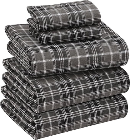 RUVANTI Flannel Sheets Split King Size - 100% Cotton Brushed Split King Bed Sheets Set, Deep Pockets 16 Inches, All Seasons Breathable & Extra Soft, Warm & Cozy, 5 Piece, Grey Plaid