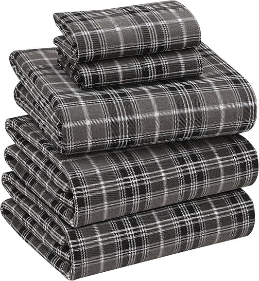 RUVANTI Flannel Sheets Split King Size - 100% Cotton Brushed Split King Bed Sheets Set, Deep Pockets 16 Inches, All Seasons Breathable & Extra Soft, Warm & Cozy, 5 Piece, Grey Plaid