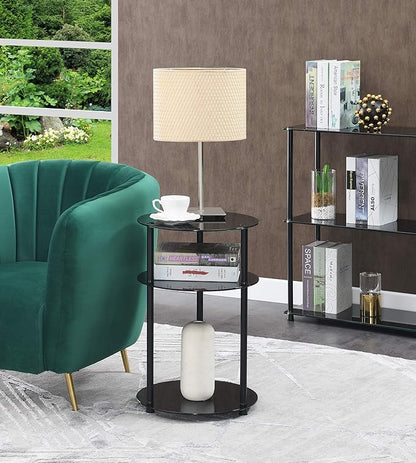 Convenience Concepts Designs2Go Midnight Classic 3-Tier Round Glass Side Table, Black Glass, 15.75 in x 15.75 in x 24.5 in