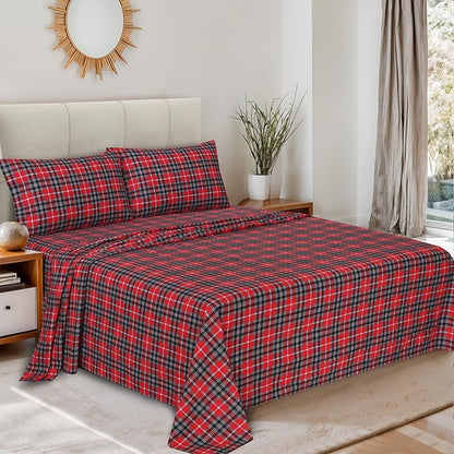 RUVANTI Flannel Sheets King Size - 100% Cotton Brushed King Size Sheets Set - Deep Pockets 16 Inches Bed Sheets - All Seasons Breathable & Extra Soft - Warm & Cozy, 4 Piece, Red Plaid