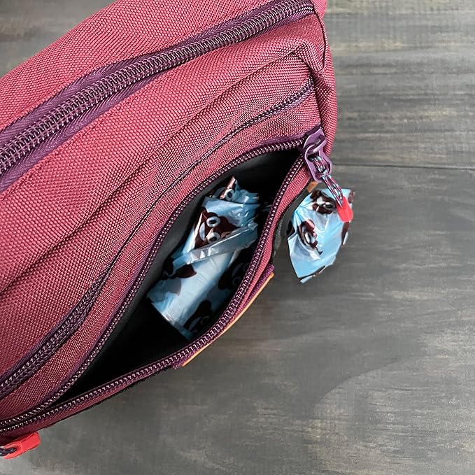 Wilderdog Utility Fanny Pack stores Treats, Balls, Keys in 3 Pockets with adjustable strap and Poop Bag dispenser (Huckleberry)-Mewly Pet