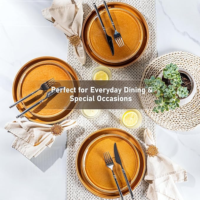 GBHOME Ceramic Dinnerware Sets for 4, 12 Pieces Stoneware Plates and Bowls Sets, Scratch Resistant Dishes, Dishwasher & Microwave Safe, Reactive Glaze-Amber-Mewly Pet