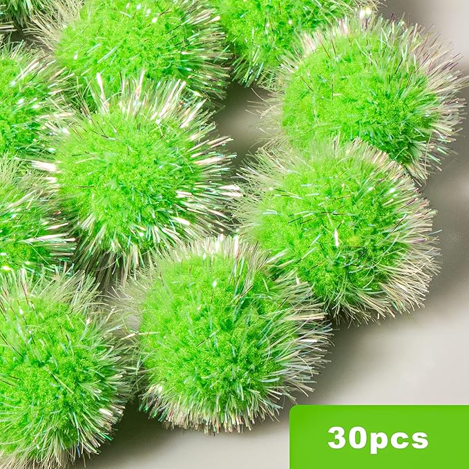 VAPKER 30 Pcs Cat Ball Toys Sparkle Balls Extra Large 2 Inch Cat's Favorite Chase Glitter Ball Glitter Tinsel Pom Poms Balls Green Color-Mewly Pet
