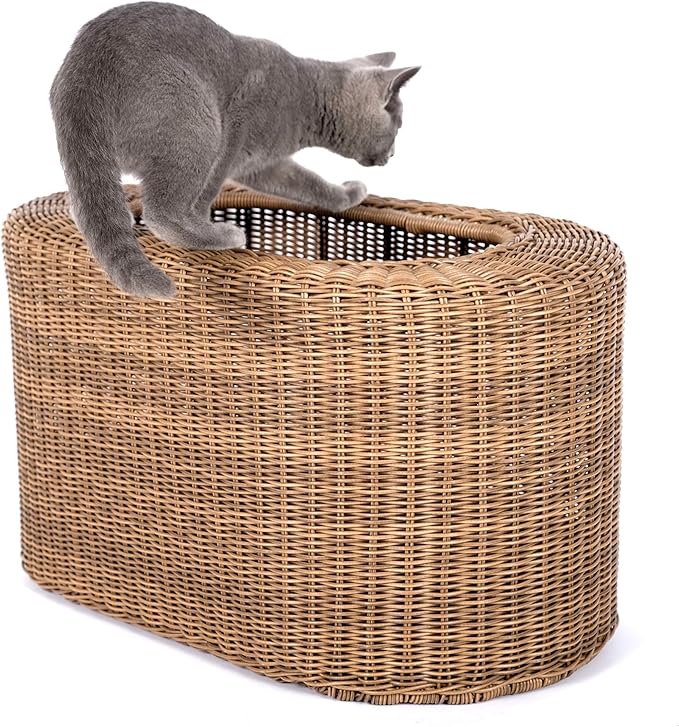 Fun Stackable Wicker Cat Hideaway House - Interactive Play Rattan Cat House for Indoor Cats Kitty, Pet Friendly Top/Side House Entry, Cat Bed Enclosed-Mewly Pet
