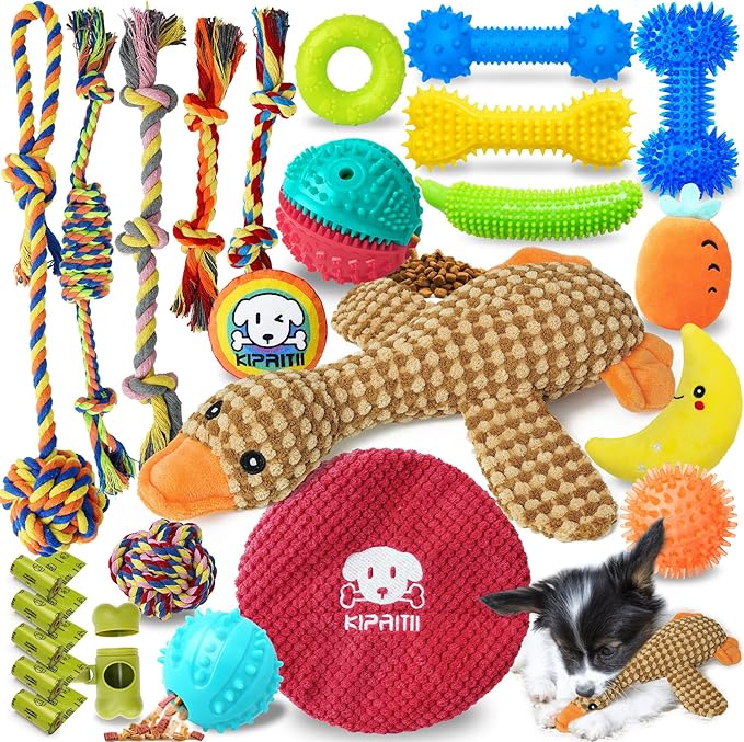 KIPRITII Puppy Teething Chew Toys -25 Pack Dog Chew Toys with Rope Toys, Dog Treat Balls & Squeaky Toy for Puppy and Small Dogs-Mewly Pet