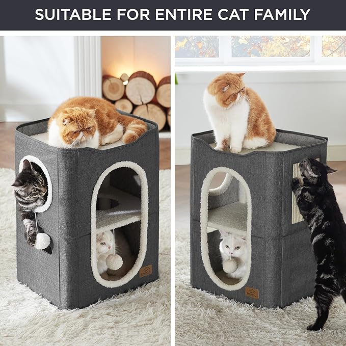 Bedsure 2 Story Cat House - Cat Condos for Indoor Cats with Scratch Pad and Fluffy Ball Hanging, Small Pet Cave Furniture Hideaway for Multi Pets, 18x14x23 inches, Dark Grey-Mewly Pet