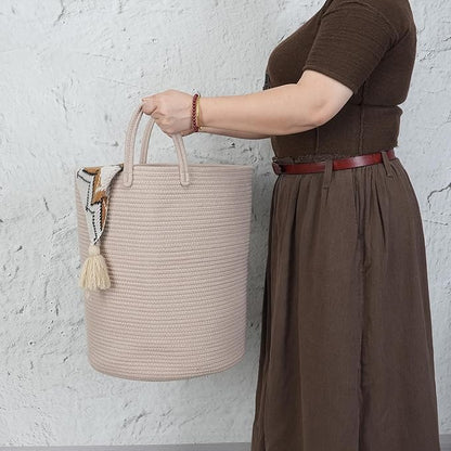 Cotton Rope Laundry Basket Hamper for Clothes Woven Storage Basket for Living Room Bedroom Boho Tall Rope Baskets for Blanket Toys Pillow Towels Baby Nursery Hamper Bin Konjac