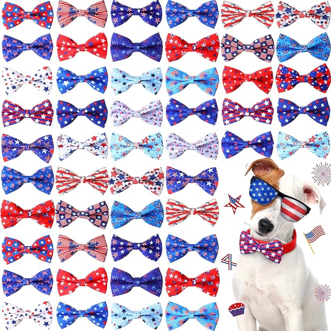 Hillban 50 Pcs Patriotic Collar Dog Bow Ties Blue and Red Star Print Dog Collar Accessories Bow Ties Attachment with Elastic Bands Detachable Charms for Pets Collar 4 of July Costume-Mewly Pet
