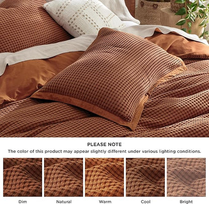 Bedsure Cooling Waffle Duvet Cover King - Cotton Blend Rayon Derived from Bamboo Duvet Cover Set for Hot Sleepers, Breathable Bedding Set with a Vintage Charm, 3 Pieces (Burnt Orange, King, 104"x90")