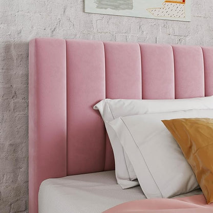 Allewie Twin Bed Frame/Velvet Upholstered Bed Frame with Vertical Channel Tufted Headboard/Strong Wooden Slats/Platform Bed Frame/Mattress Foundation/Box Spring Optional/Easy Assembly/Pink