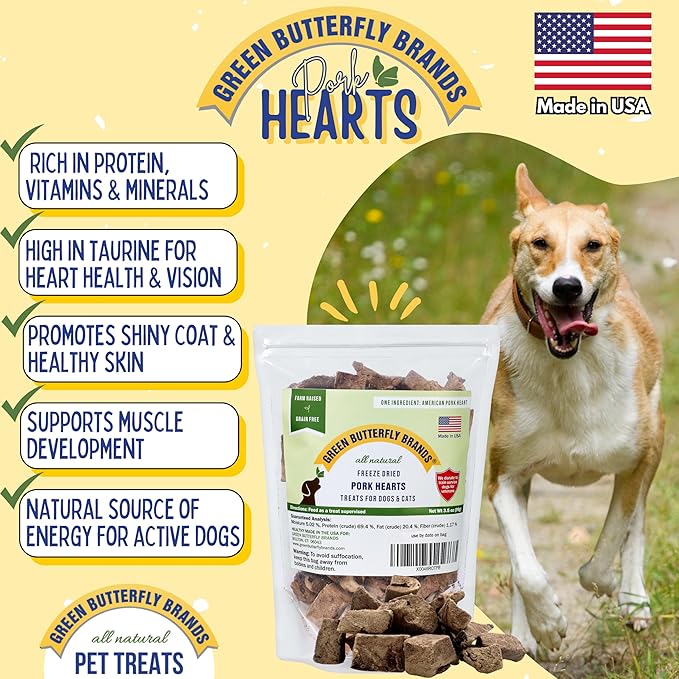 Freeze Dried Pork Heart Dog Treats Made in USA. All Natural Freeze-Dried Raw Snacks for Dogs and Cats. Single Ingredient. High Protein, Heart Health, Irresistible Training Treat-Mewly Pet