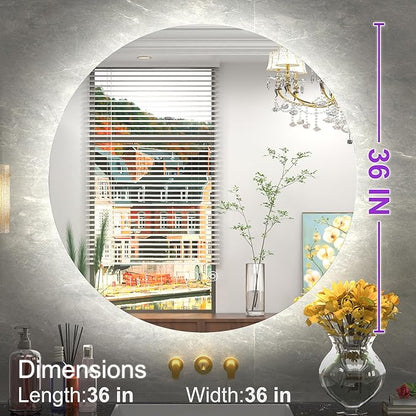 36 Inch Round LED Mirror, Backlit Bathroom Mirror with Lighted, Large Circle Vanity for Wall, Dimmable, Built-in Defoggers, 3000K/4500K/6000K
