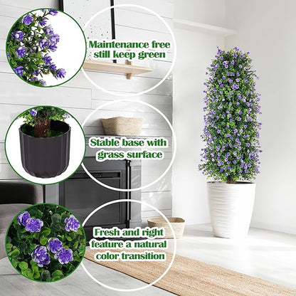 Sunnyglade 2 Packs Artificial Rose Tree 3FT- Fake Floral Plant Tree in Pot- Decorative Topiary Plant - Cement Filled Potted Faux Flower Plant for Home Office Porch Decor Indoor Outdoor (Purple)