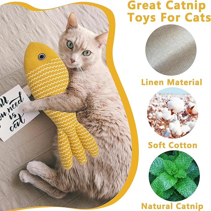 Interesting Catnip Toys Fish, 1 Pack Large Cat Toys, Soft Indoor Cat Kicker Toys, Durable and Highly Interactive Catnip Toys（Yellow Fish）-Mewly Pet
