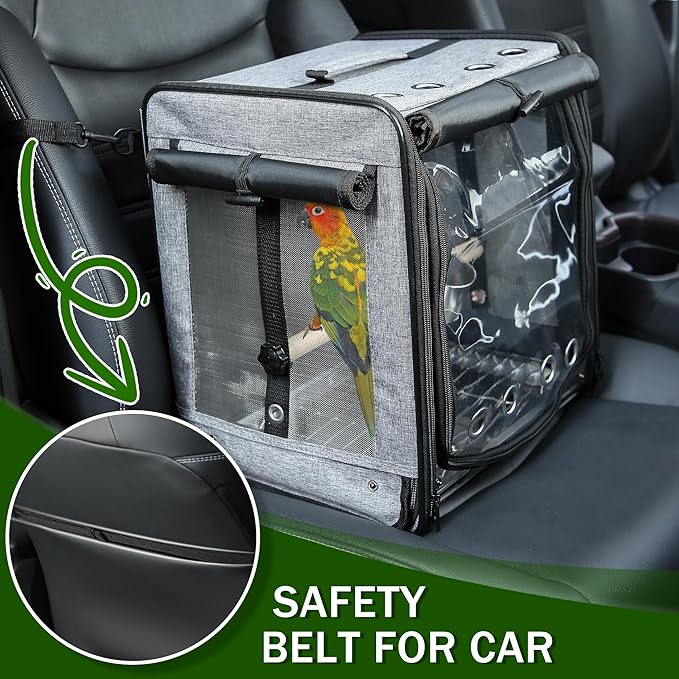 Suertree Bird Carrier with Seat Belt for Car Travel, Bird Backpack Carrier with Indestructible Stainless Steel Mesh, Large Bird Carrier Travel Cage, Grey-Mewly Pet