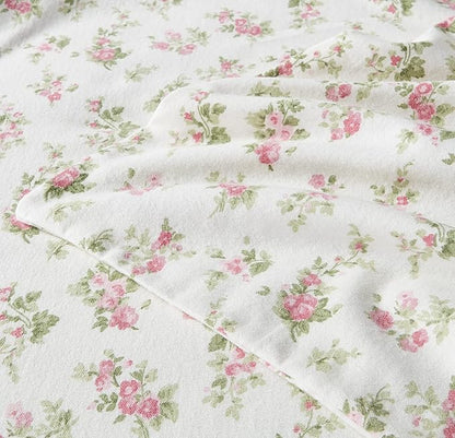 Laura Ashley Home | Flannel Collection | Premium Ultra Soft Cozy Lightweight Cotton Flannel Bedding Sheet Set, Wrinkle, Anti-Fade, Stain Resistant & Hypoallergenic, Twin, Audrey Pink (201589)