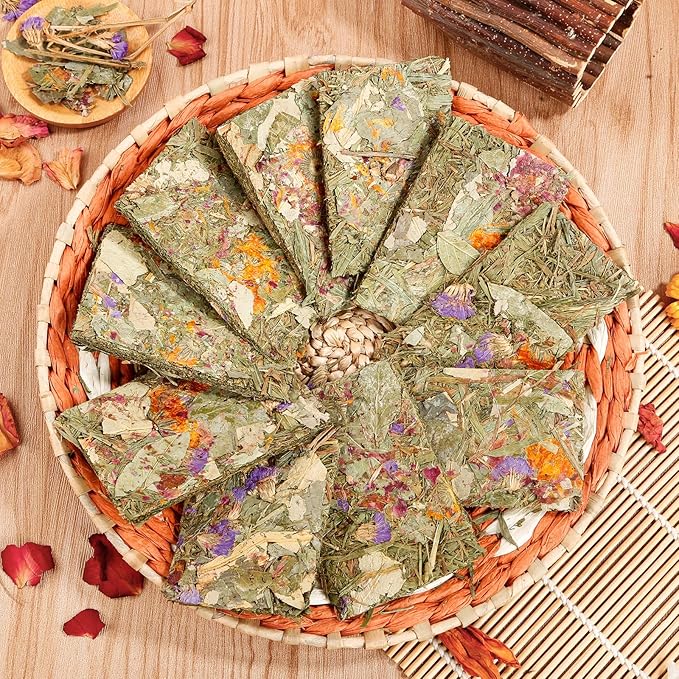 Abizoo Rabbit Natural Treats,10Pcs Timothy Hay Toys Chips Bunny chew Toys with Herbal Flowers Guinea Pig Treats for Hamster Chinchillas Gerbils Rats Small Animals Teeth Care Crisp Snacks-Mewly Pet