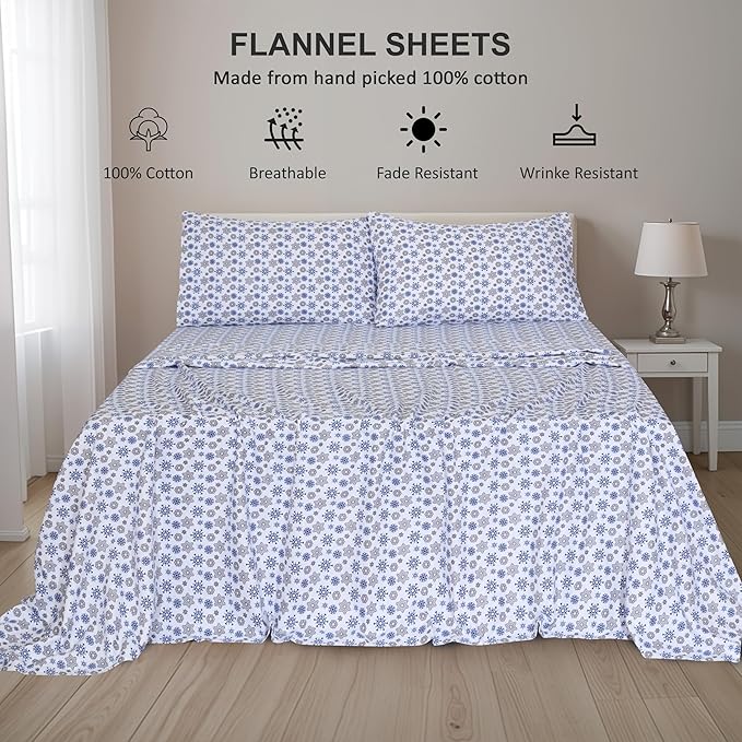 RUVANTI Flannel Sheets Queen Size - 100% Cotton Double Brushed Bed Sheets, Deep Pockets 16 Inches Queen Sheet Set, All Seasons Breathable & Extra Soft - Warm & Cozy, 4 Piece, Snow Flake Grey