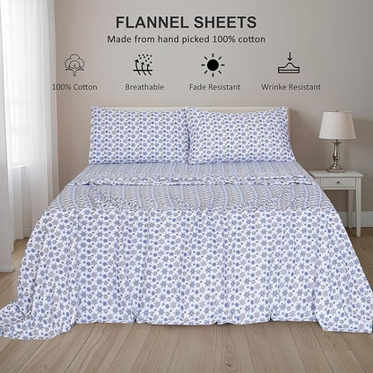 RUVANTI Flannel Sheets Twin Size - 100% Cotton Double Brushed Twin Sheets Set, Deep Pockets 16 Inches, All Seasons Breathable & Extra Soft Bed Sheets, Warm & Cozy, 3 Piece, Snow Flake Grey