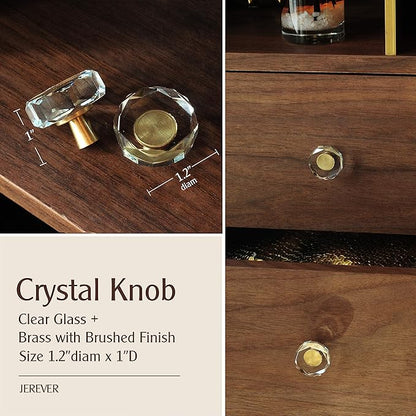 JEREVER 6 Pack Glass Crystal Knobs Brass Drawer Pull Cabinet Handle Gold Furniture Hardware for Dresser Kitchen (Polygon)
