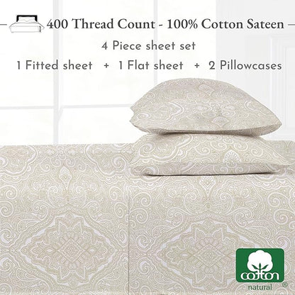 California Design Den California King Sheet Sets - 400 Thread Count Sateen, Natural 100% Cotton Sheets Set, Deep Pocket Cooling and Durable Bedding - Paisley Pattern, Beige