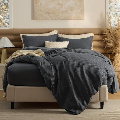 Bedsure 100% Cotton Duvet Cover King Size with Fitted Sheet - 4 Pieces Charcoal Waffle Weave Bedding Set, GentleSoft™ and Breathable, Includes 1 Duvet Cover 104x90, 1 Fitted Sheet, 2 Pillow Shams