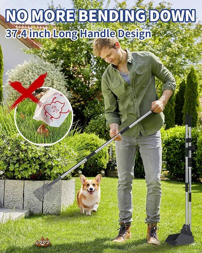 Dog Pooper Scooper Set, Stainless Metal Tray Rake Spade 3 Pack, Long Handle Pet Waste Scooper for Large Medium Small Dogs, Heavy Duty Poop Scooper for Yard, Grass, Dirt or Gravel-Mewly Pet
