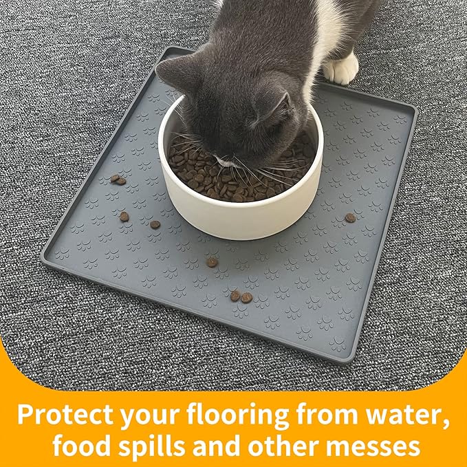 Ptlom Grey Pet Placemat for Dog and Cat, Waterproof Non-Slip Silicone Feeding Bowl Mat Prevent Food and Water Overflow, Puppy Dish Feeder Fountain Trays Suitable for Medium and Small Pets-Mewly Pet