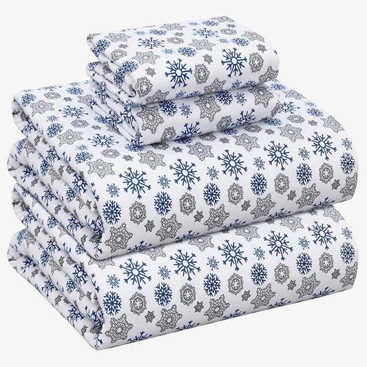 RUVANTI Flannel Sheets King Size - 100% Cotton Brushed King Size Sheets Set - Deep Pockets 16 Inches Bed Sheets - All Seasons Breathable & Extra Soft - Warm & Cozy, 4 Piece, Snow Flake Grey