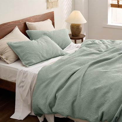 Bedsure Cotton Duvet Cover Queen - 100% Cotton Waffle Weave Sage Green Duvet Cover Queen Size, GentleSoft™ and Breathable Bedding Set for All Season, 3 Pieces, 90"x90"
