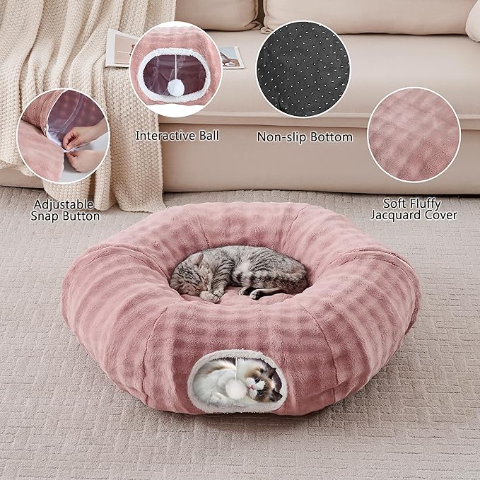 Bubble Cat Tunnel for Indoor Cats, Round Peekaboo Cave Toy with Dangling Balls, Donut Tunnel Bed with Circle Mat for Puppy Kitten Rabbit, Dusty Pink-Mewly Pet
