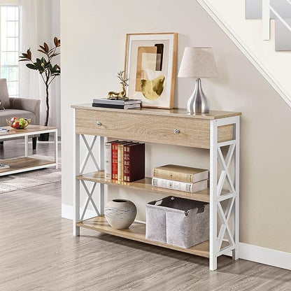 Yaheetech Console Table with Drawer, Narrow Sofa Table with Storage Shelves for Living Room, 3-Tier Entryway Tables with Metal Frame, Light Oak
