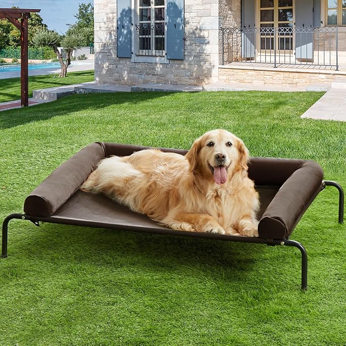 RRPETHOME Large Elevated Cooling Dog Bed, Raised Dog Cot Beds for Large Dogs, Elevated Outdoor Pet Bed, Chew Proof Portable Cooling Pet Cot with Skid-Resistant Feet and Breathable Mesh-Mewly Pet
