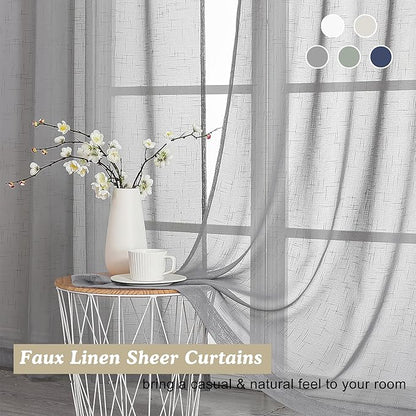 Aiyufeng Gray Faux Linen Sheer Curtains 96 Inches Long 2 Panels, Light Filtering Textured Soft Rod Pocket Window Curtain Panels for Farmhouse Living Room Bedroom, Each 40Wx96L Inch, Grey