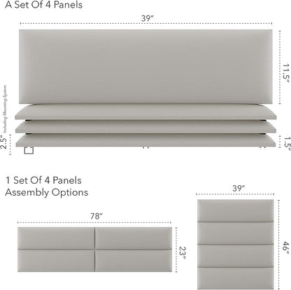 Vänt Upholstered Wall Panels - King/Cal King Size Wall Mounted Headboards – Zigrino Leather Oyster – Panel Size 39” Wide x 11.5” High - Pack of 4 Panels
